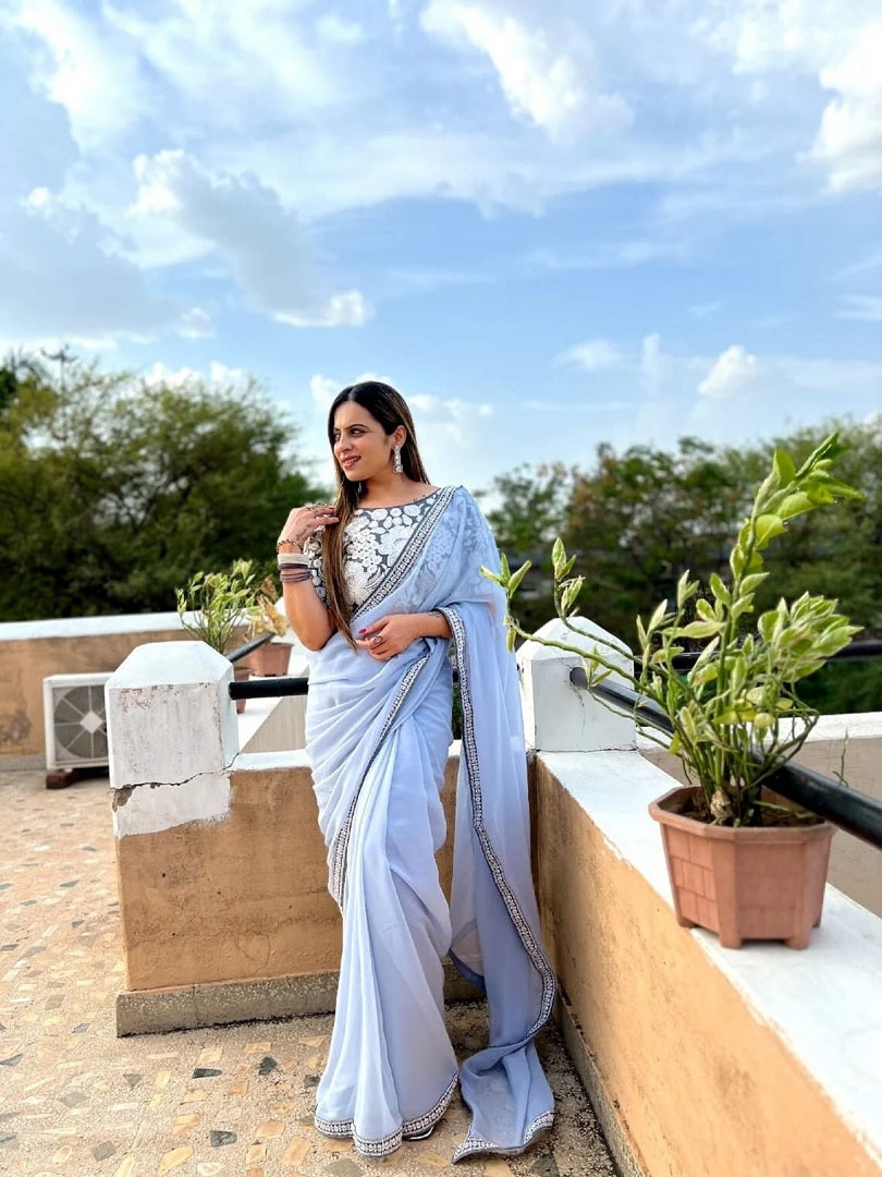Georgette Embroidery Lace Work Saree image 4