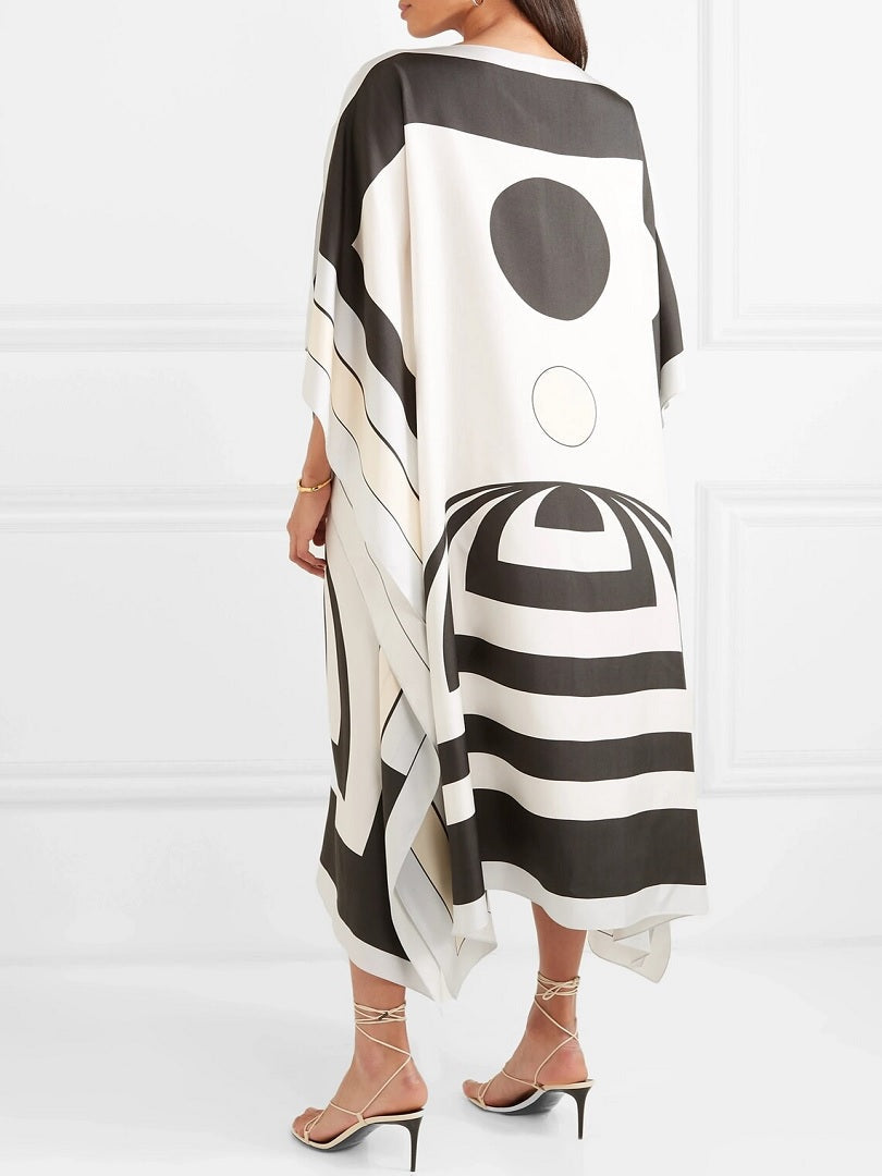 Black & White Printed Soft Silk Crepe Kaftan For Women Modest Wear J5608 image 3