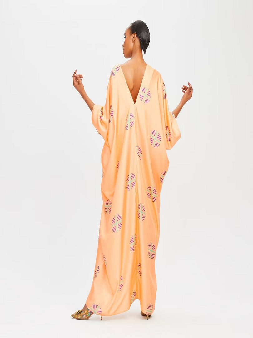 Peach Color V-Neck Belt Style Women Satin Silk Printed Kaftan J5632 image 3