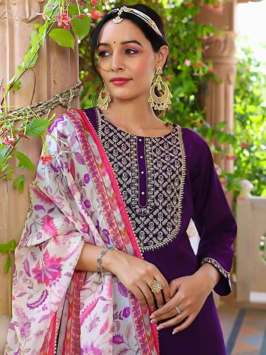 Eggplant Rayon Slub With Embroidery Work Kurti Bottom & Dupatta image 4