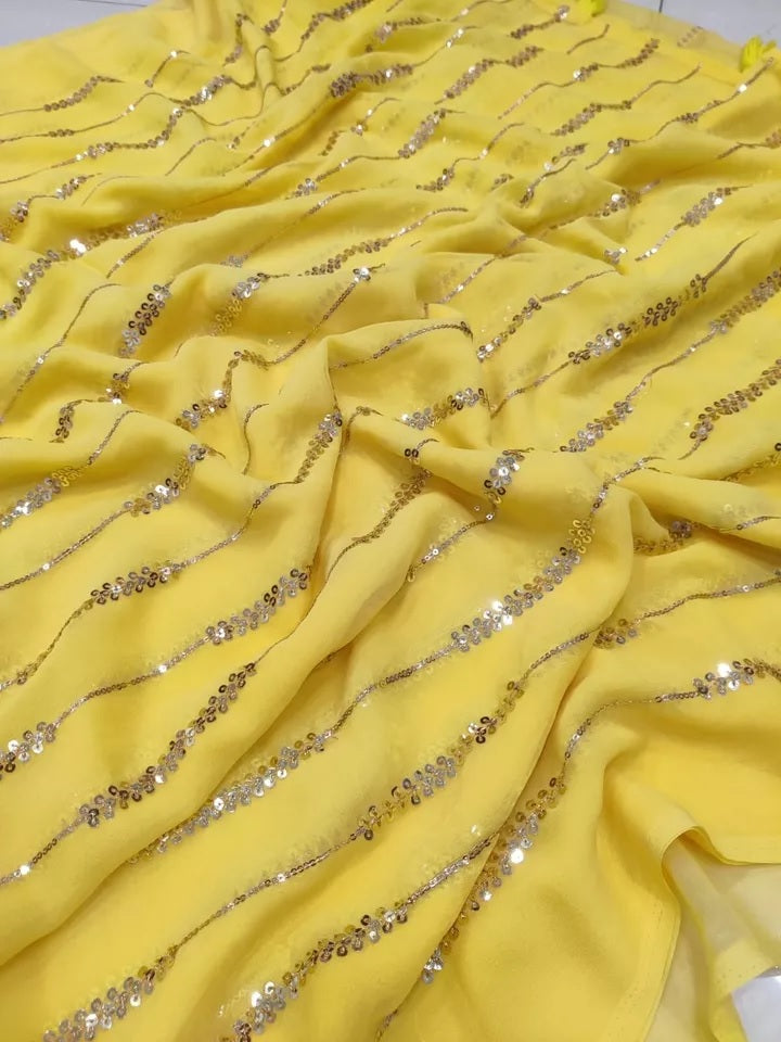 Yellow Georgette With Embroidery Sequence Work Saree image 7