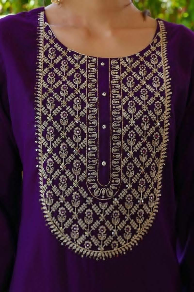 Eggplant Rayon Slub With Embroidery Work Kurti Bottom & Dupatta image 5