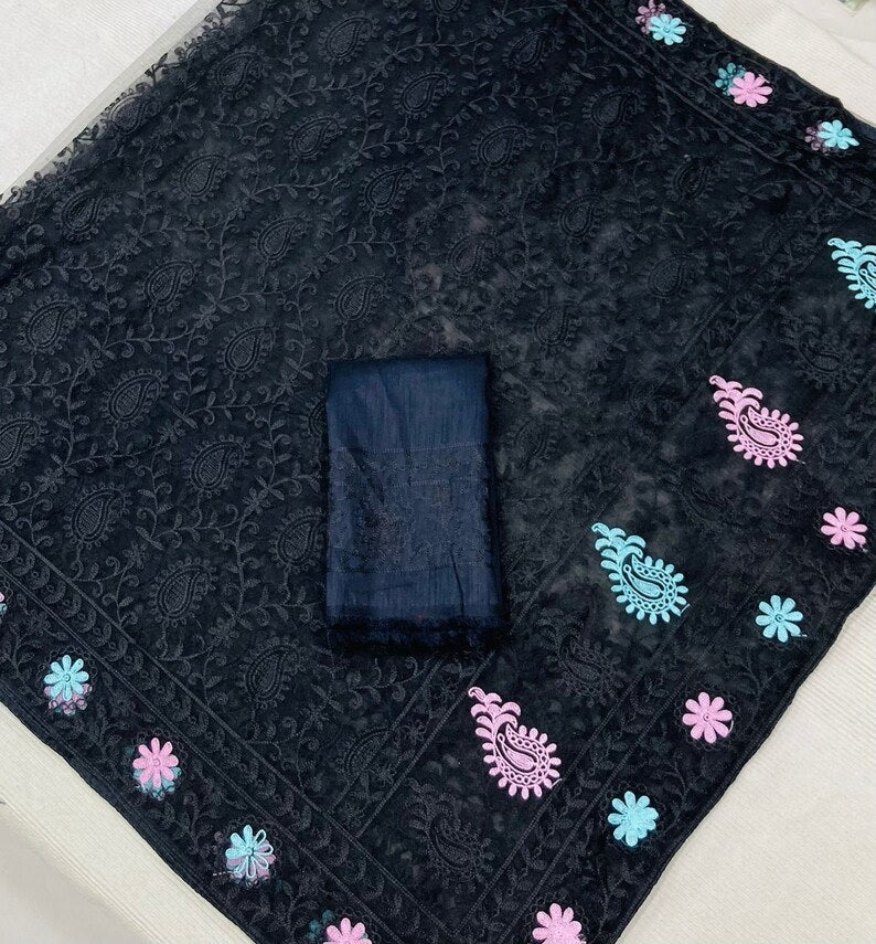 Soft Net & Chikankari Embroidery Work Saree With Blouse image 2