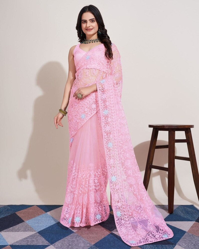 Soft Net & Chikankari Embroidery Work Saree With Blouse image 4