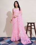 Soft Net & Chikankari Embroidery Work Saree With Blouse image 4