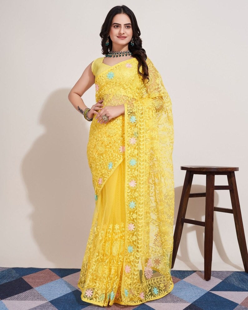 Soft Net & Chikankari Embroidery Work Saree With Blouse image 5