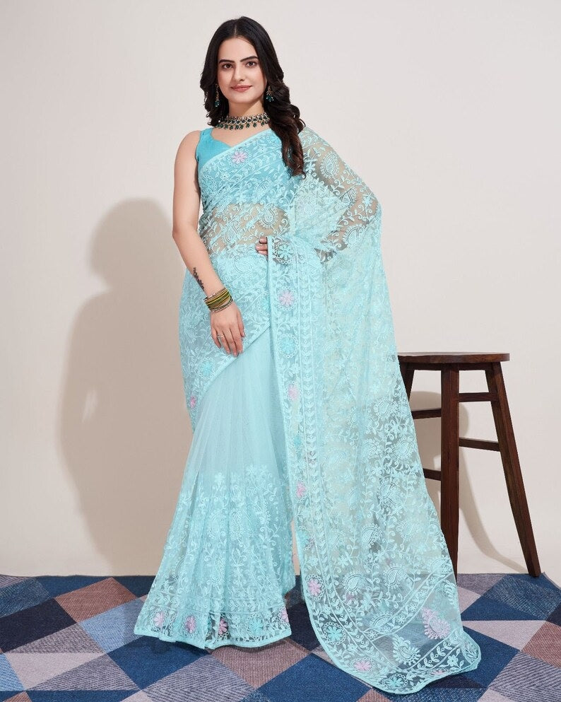 Soft Net & Chikankari Embroidery Work Saree With Blouse image 6