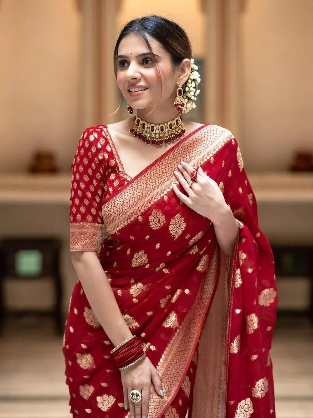 Red  Banarasi Soft Silk Saree With  Unstitched Blouse image 3