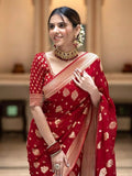 Red  Banarasi Soft Silk Saree With  Unstitched Blouse image 3