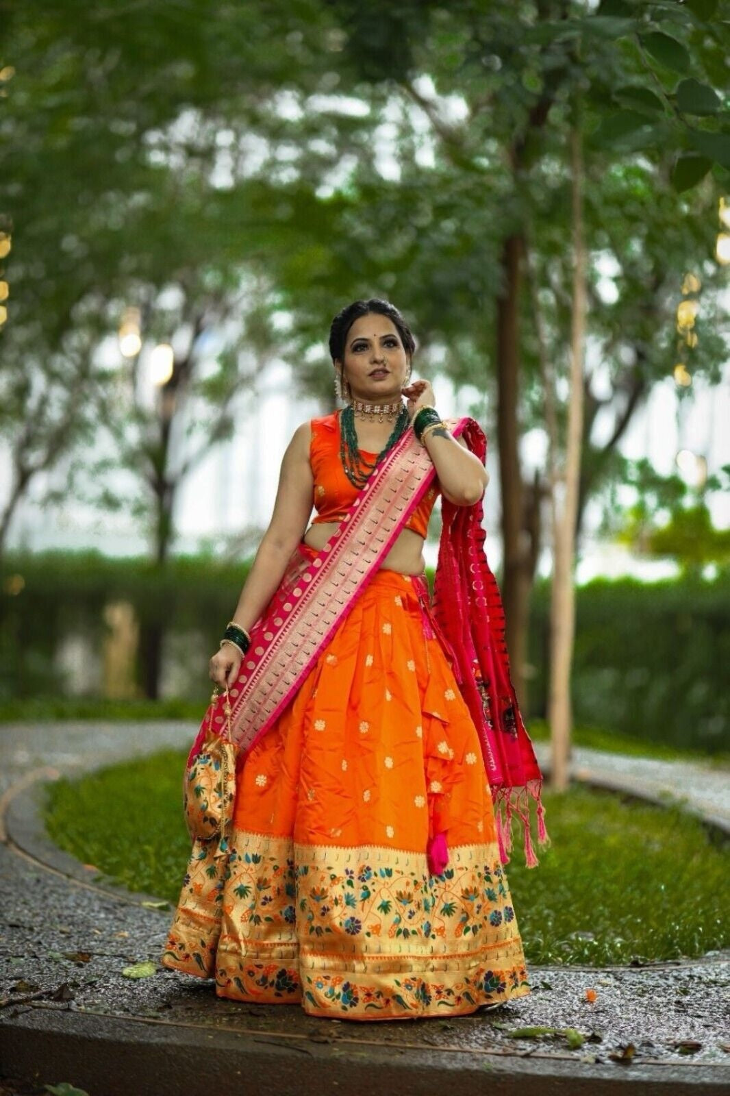 Orange Silk Paithani Weaving Zari Work Lehenga image 2