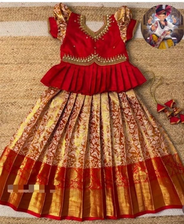 Kid's & Girls Kanjivaram Weaving Silk Traditional Wear Gown image 3