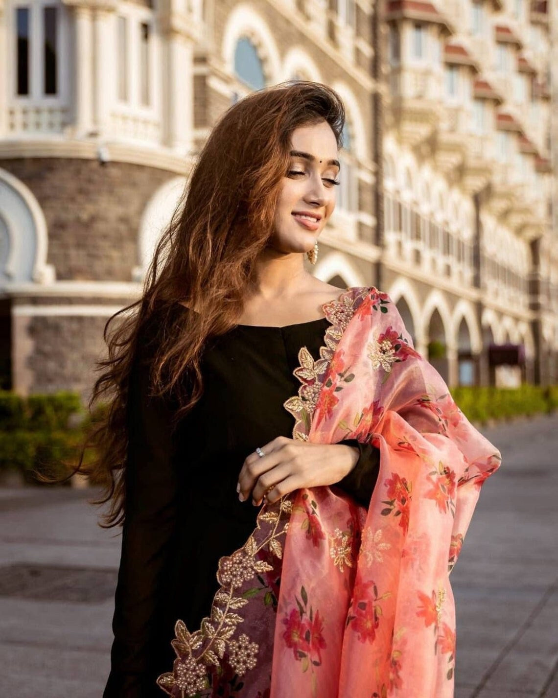Black Faux Blooming Long Gown Dress With Dupatta image 3