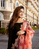 Black Faux Blooming Long Gown Dress With Dupatta image 3