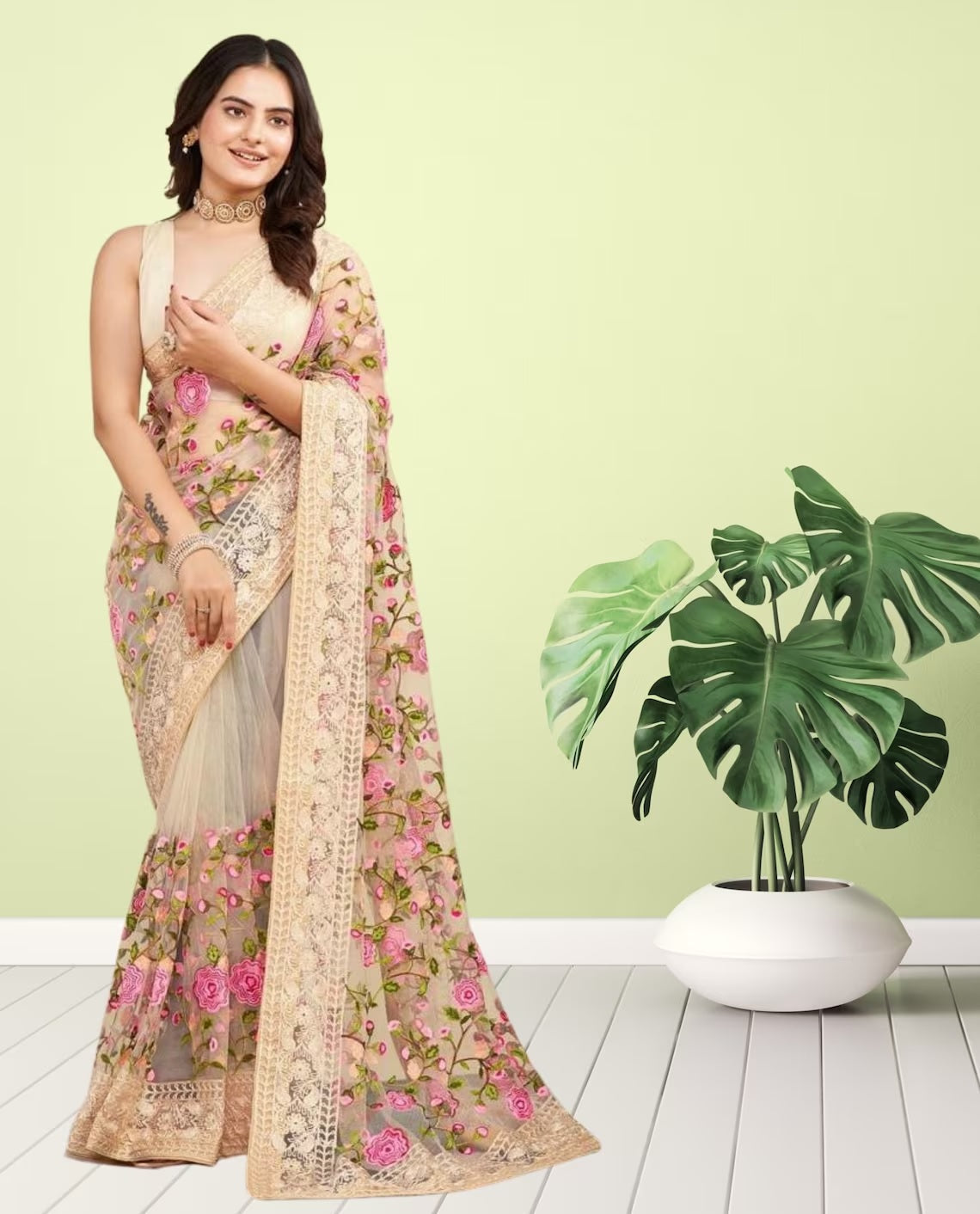 Soft Net Chikankari Embroidery Design Saree With Blouse image 3