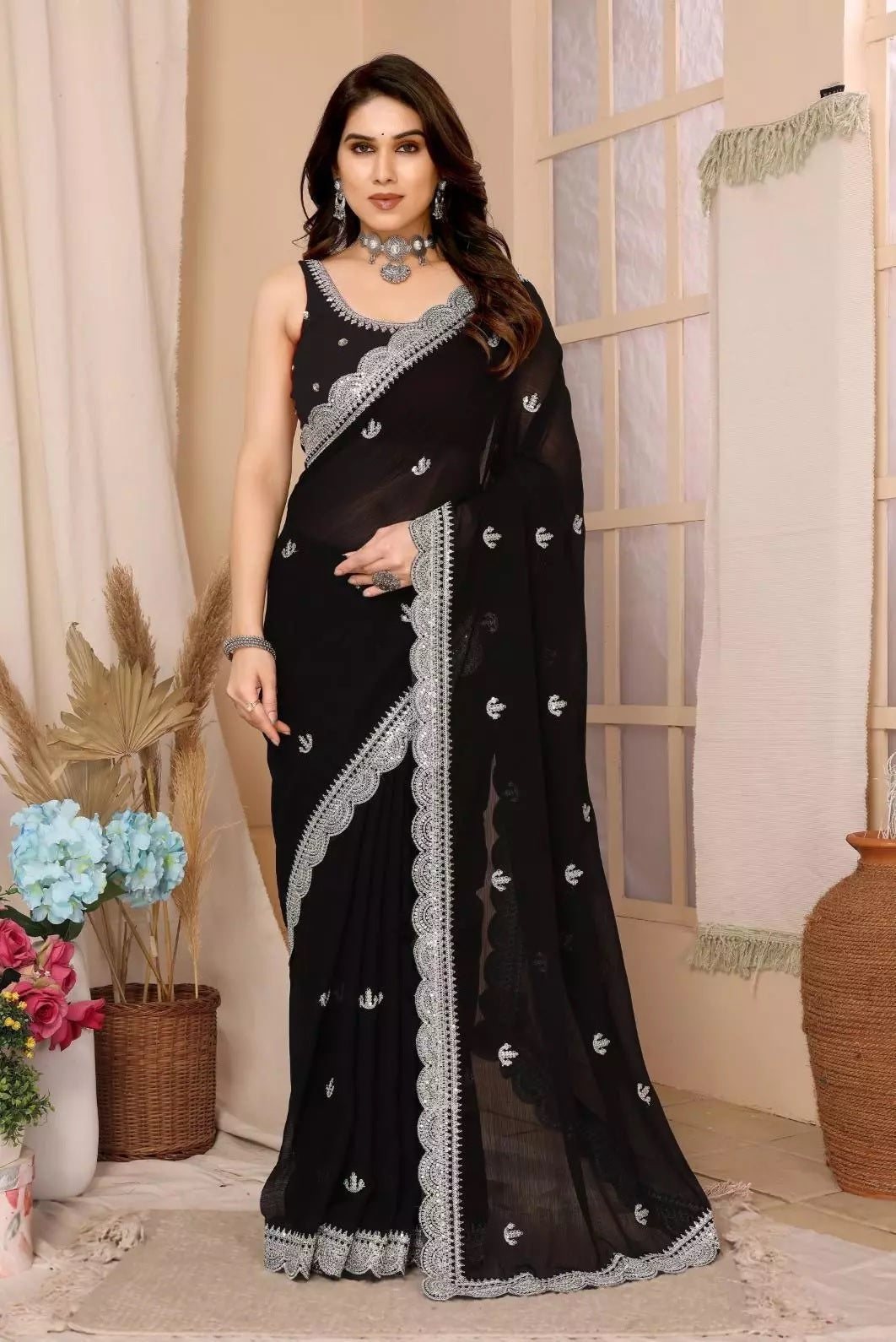 NavyBlue Ethnic Traditional Party Zomato Chiffon Silk Saree Women image 7