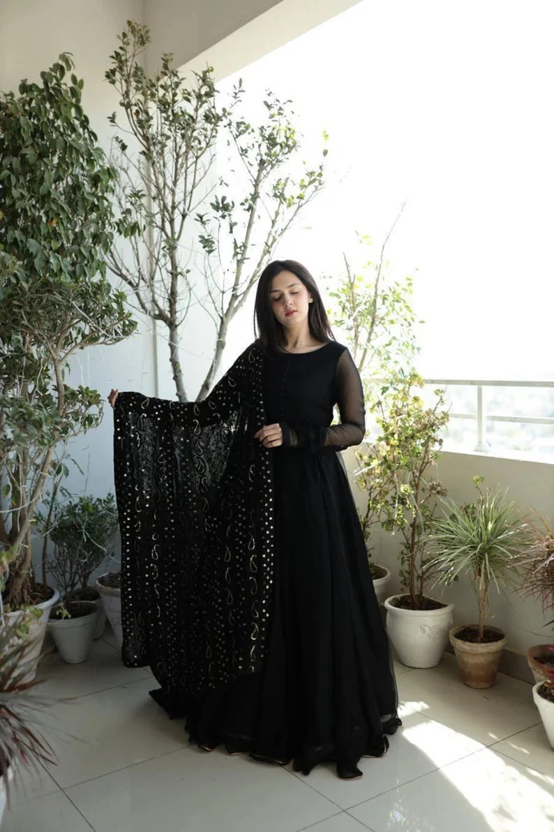 Black Faux Georgette Anarkali Gown Dresses With Dupatta image 3