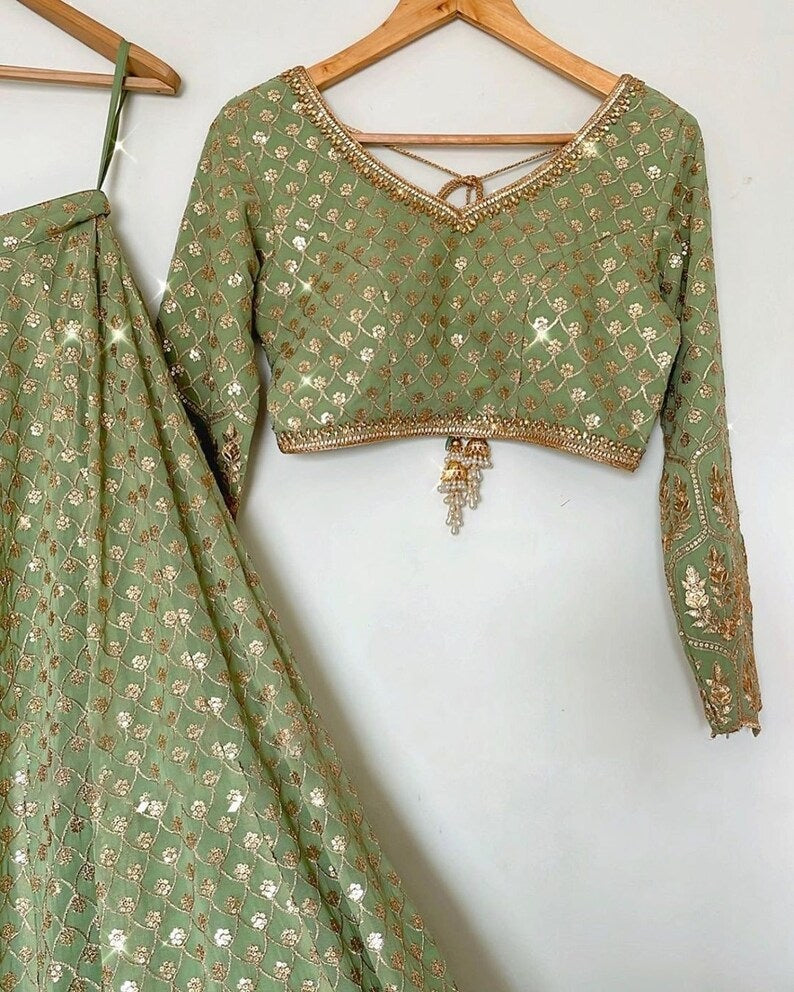 Green Sequence Work Lehenga Wedding Wear image 3