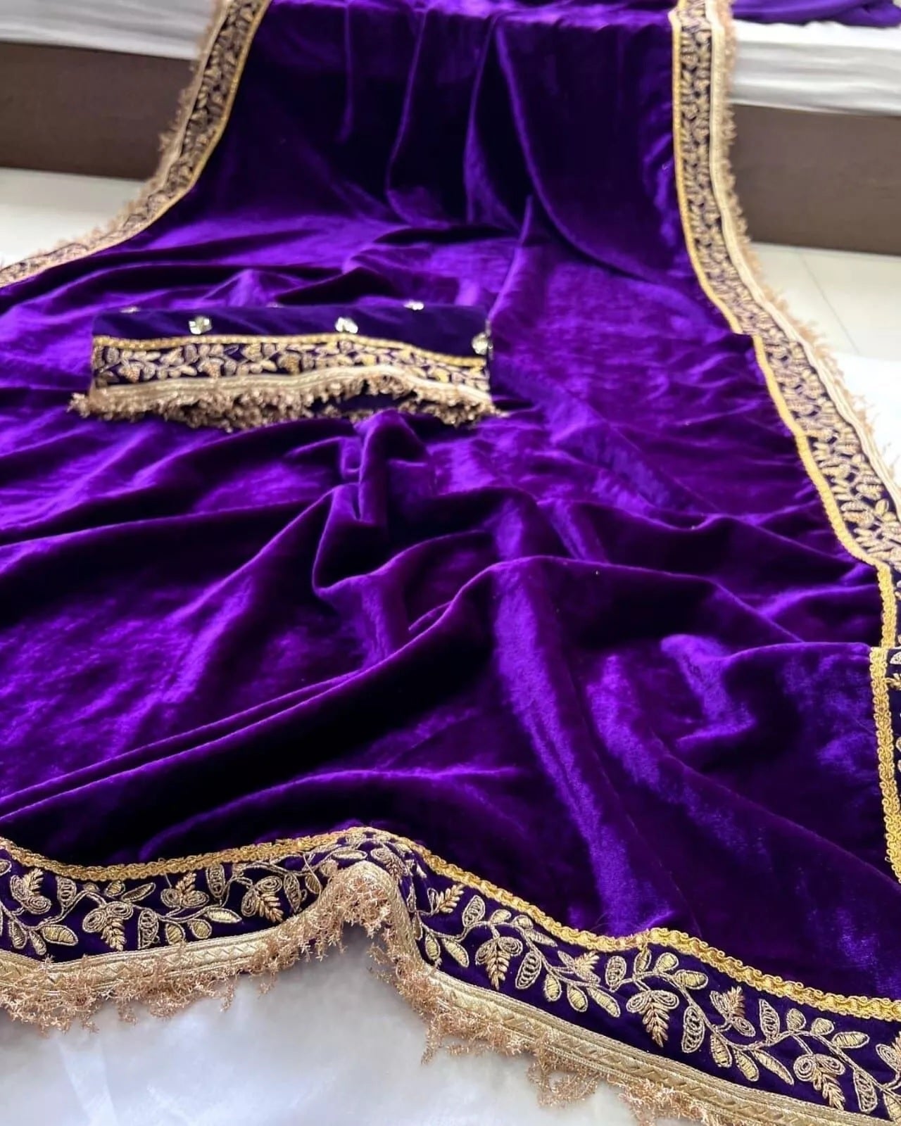 Velvet With Embroidery Work Saree & Blouse image 3