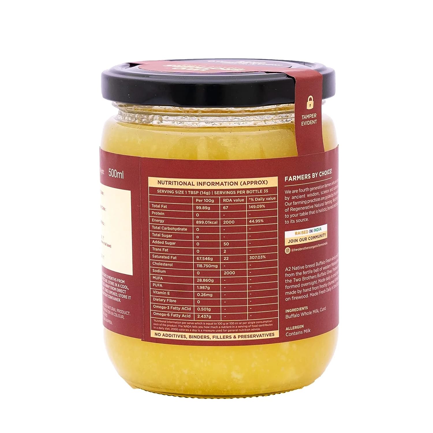Two Brothers Organic Farms Indian Buffalo Ghee - A2 Cultured - 250 ml - Glass image 3