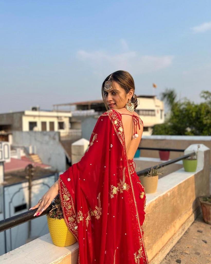 Red Georgette Embroidery Sequence Saree image 3