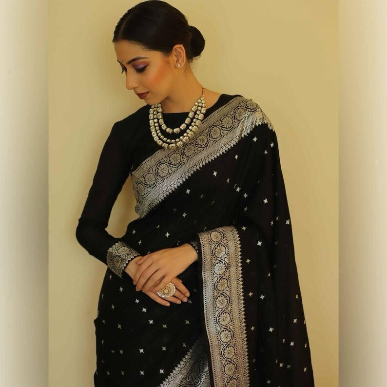 Black Colour Soft Lichi Silk Saree image 3