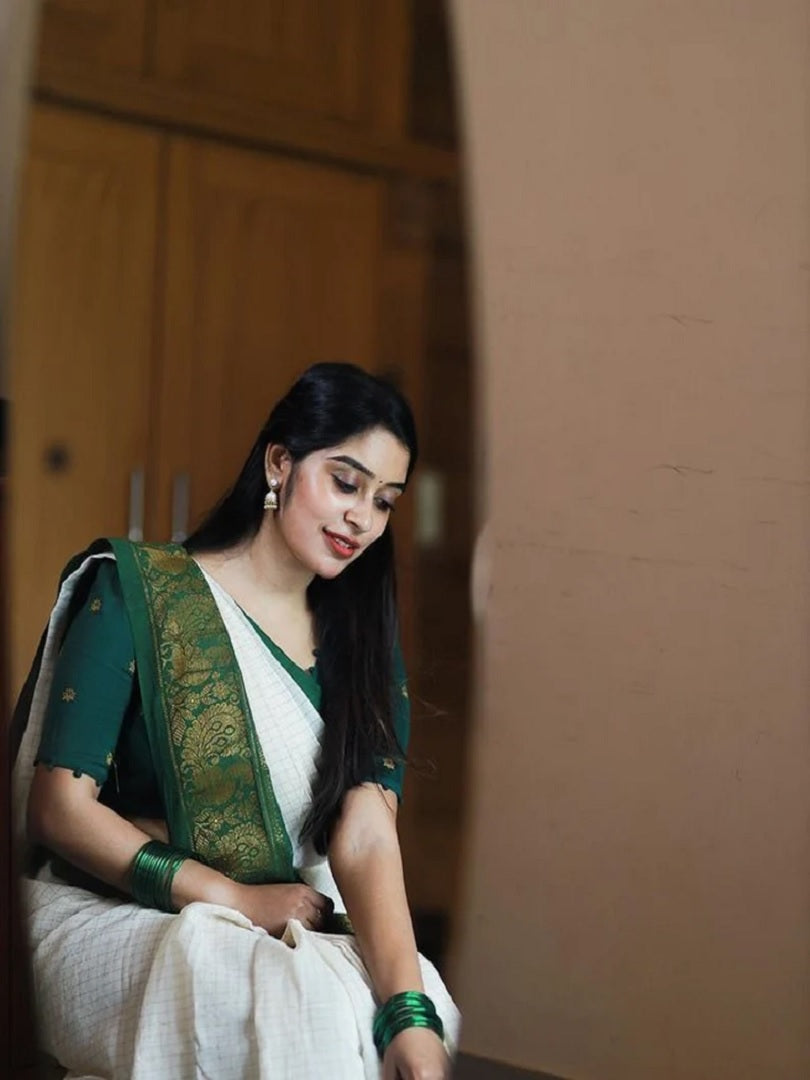 Green & White Ethnic Chexs Lichi Silk Blend Banarasi Saree image 5