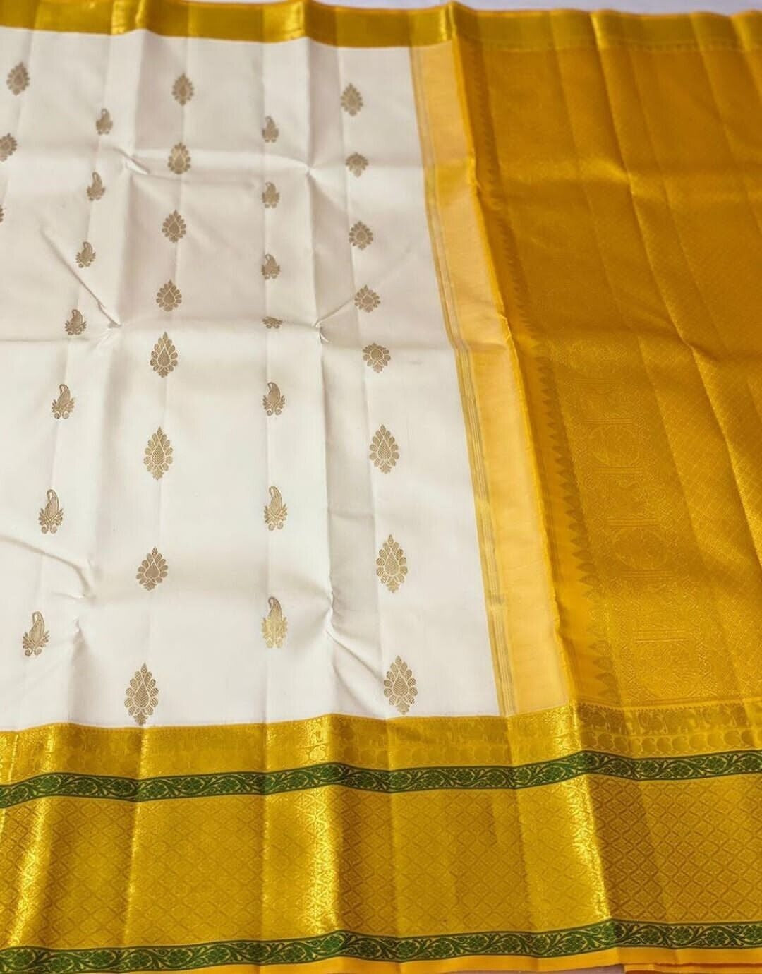Yellow and White Soft Lichi Silk Saree image 3