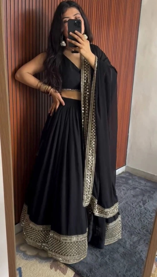 Black American Silk Lehenga Blouse & Dupatta For Women's image 3