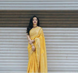 Yellow Soft Lichi Silk & Jacquard Work Saree With Blouse image 3