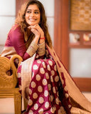 Maroon Soft Lichi Silk Saree With Unstitched Blouse image 3
