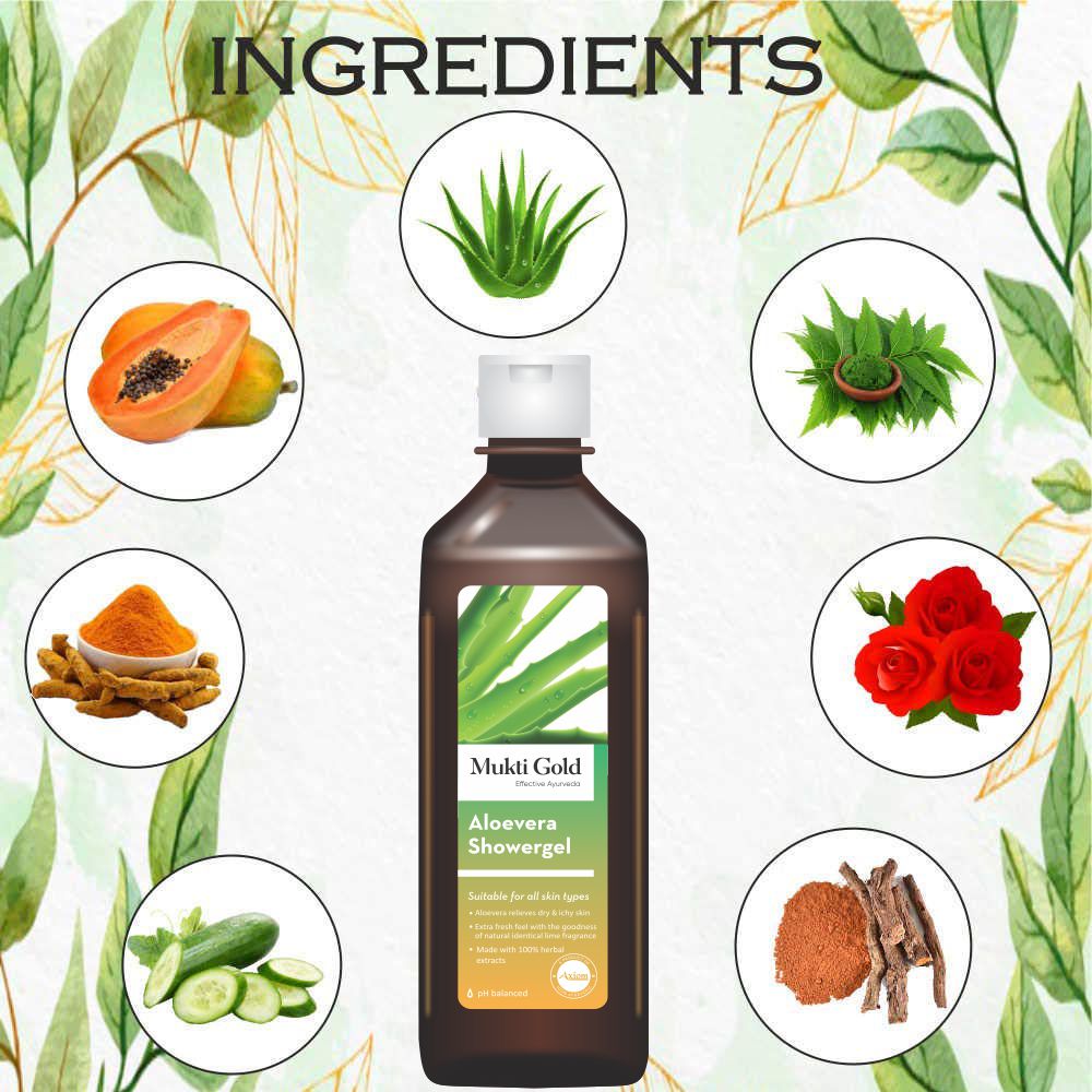 Axiom Mukti Gold Herbal Hair wash with Hair Oil & Aloe vera Shower gel Combo image 2