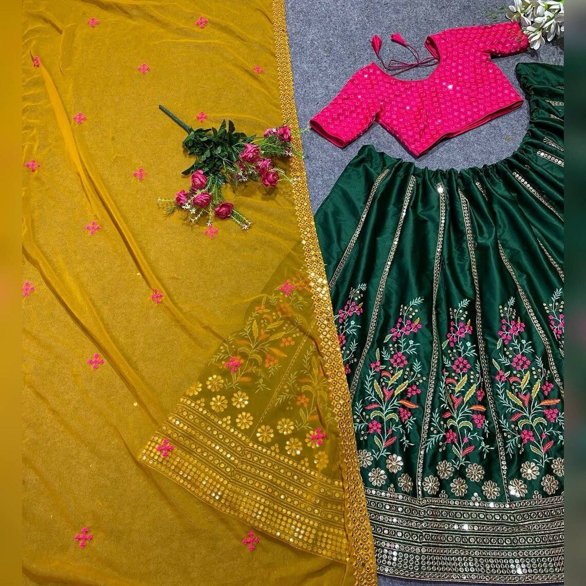 Malay Satin Silk & 9mm Sequence Embroidery Work Lehenga Blouse With Dupatta image 3