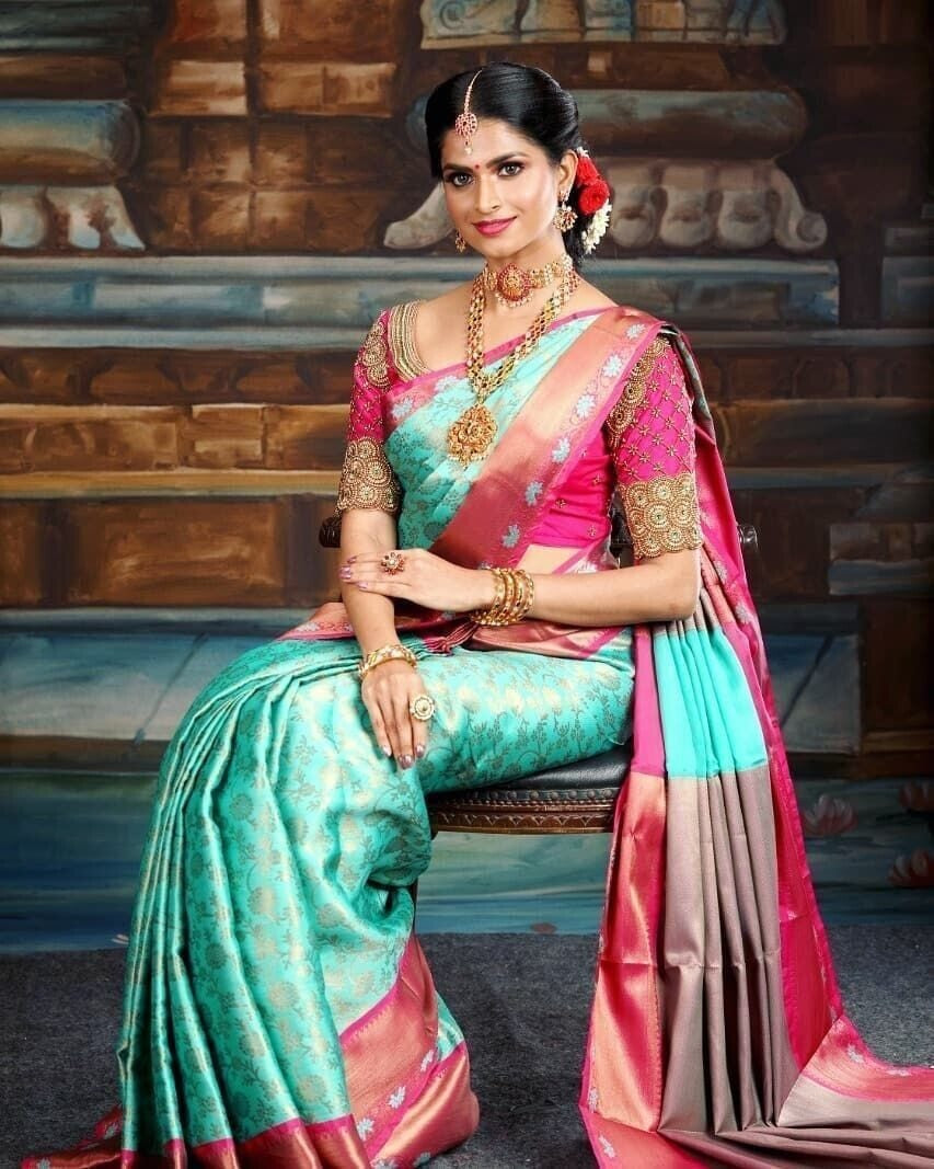 Soft Lichi Silk Beautiful Wedding Saree, Indian Party Wear Ethnic Sari For Women image 3