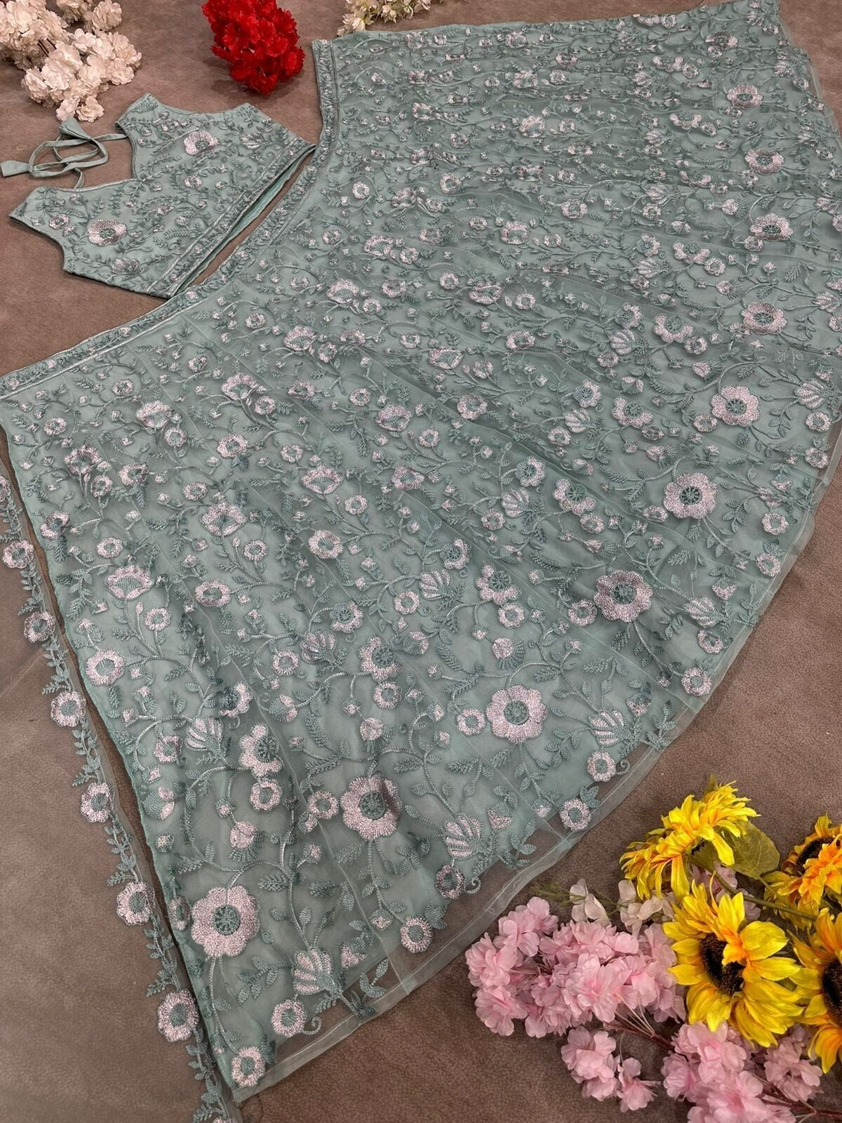 Net With Embroidery Work Lengha Choli Dupatta image 3