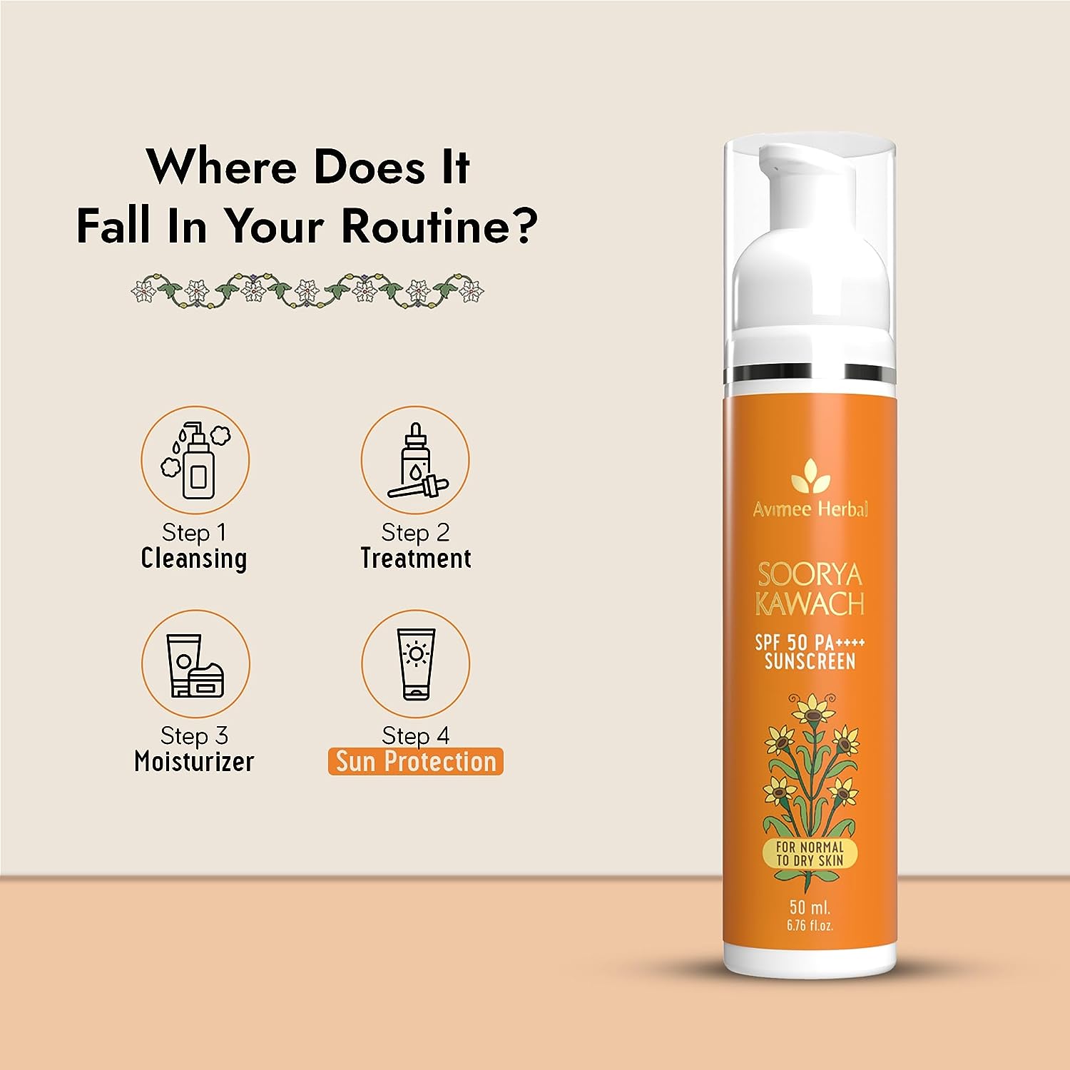 Avimee Herbal Soorya Kawach Sunscreen SPF 50 PA++++ No White Cast, Non Greasy, Light Weight 50 ML image 3