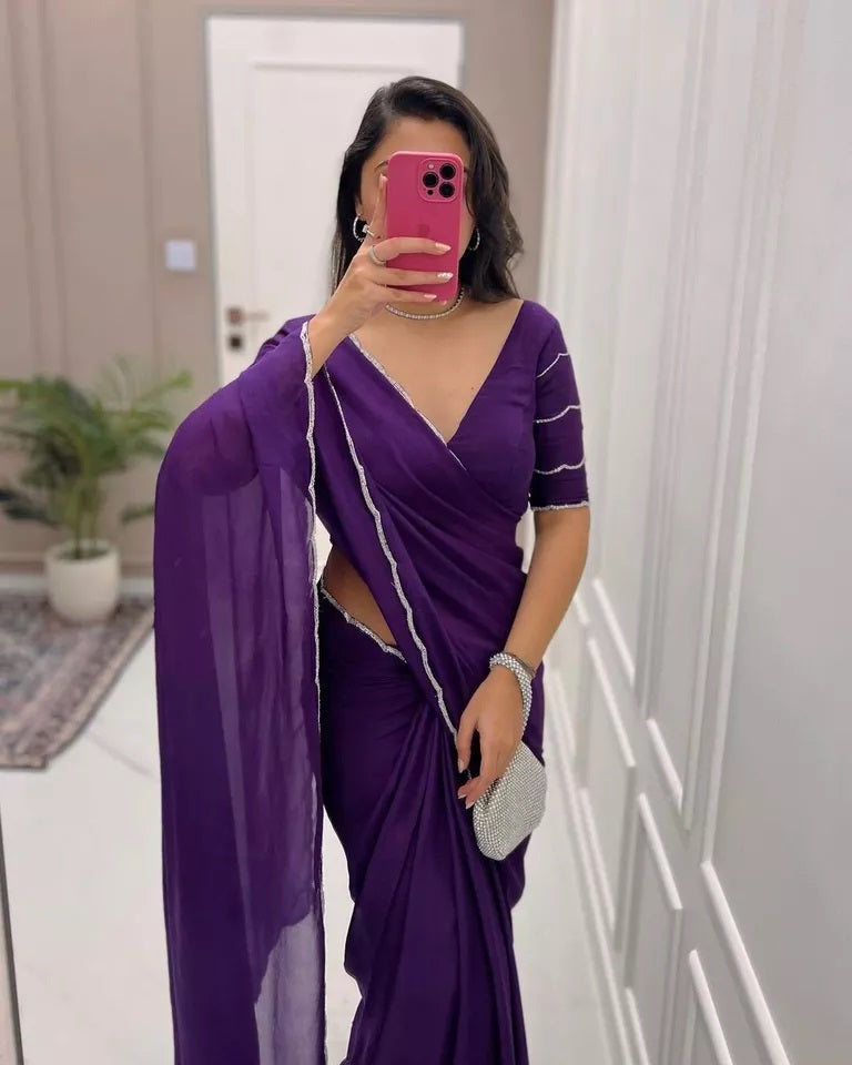Classic Soft Rich Elegant Chinon Fabric Saree & Blouse image 3