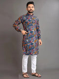 Navy Blue Men's Premium Soft Cotton Foil Print Kurta image 3