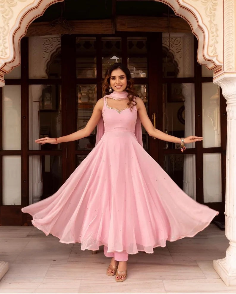 Peach Georgette & Sequence Work Gown Dresses With Dupatta image 3
