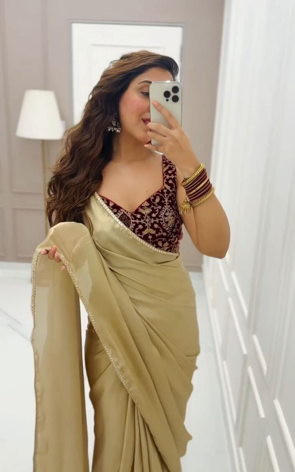Japan Satin With Beautiful Mirror Lace Border Saree With Blouse image 5