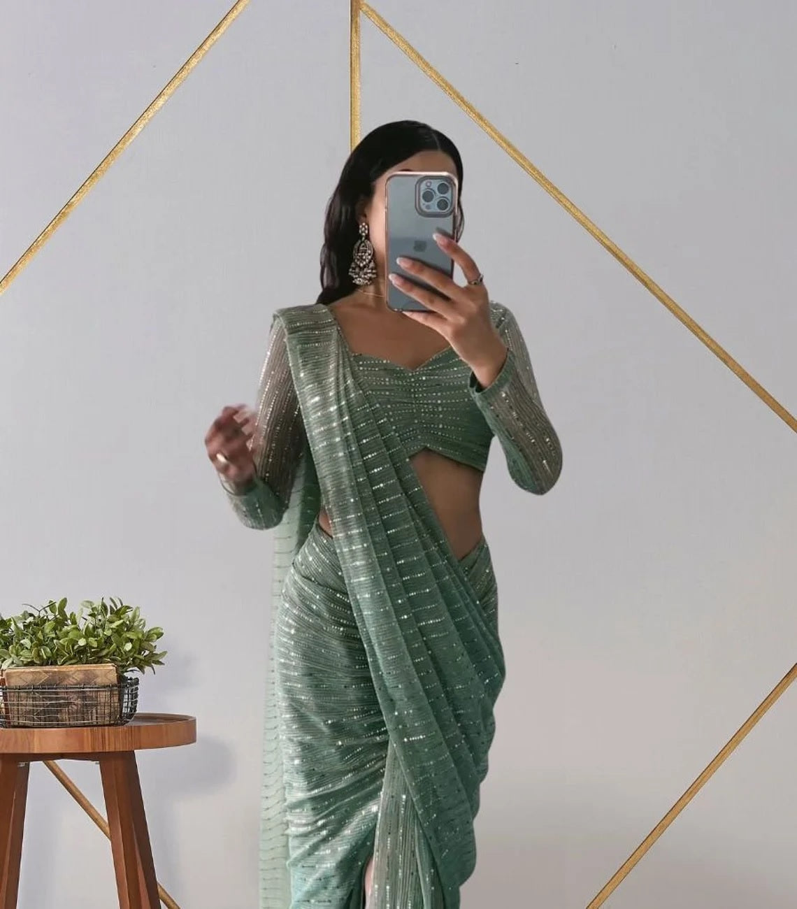 Mint Green Imported Premium Net Ready To Wear Saree image 3