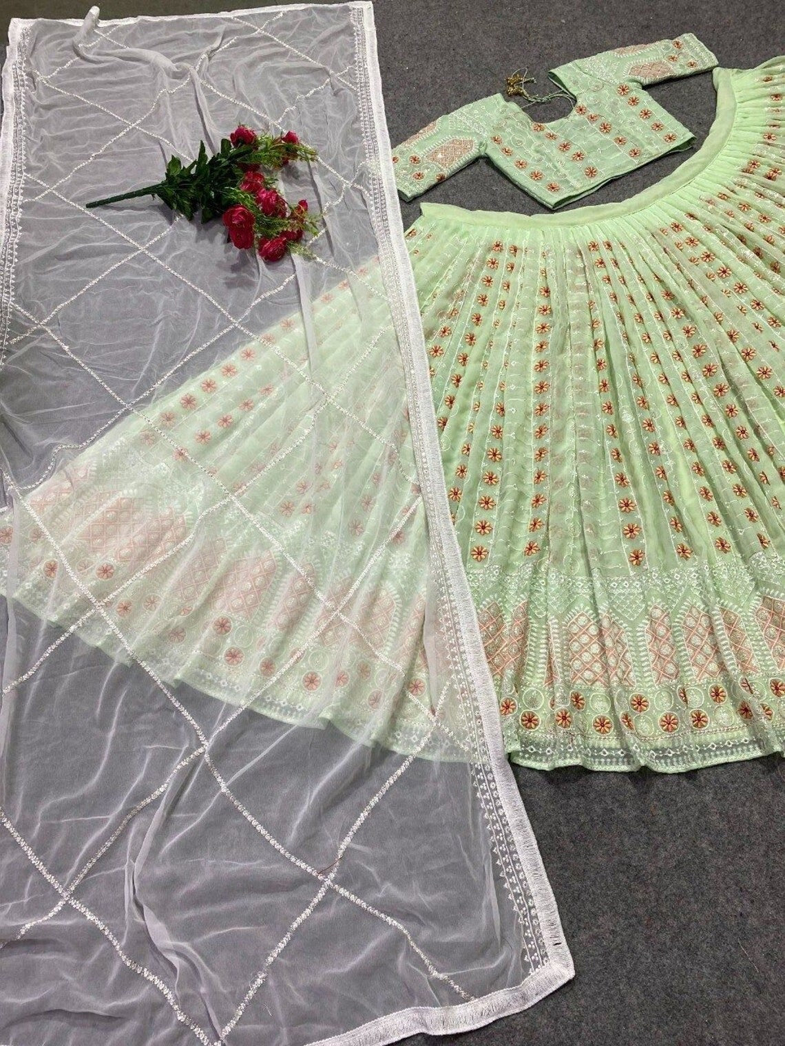 Georgette Embroidery & 3 MM Sequence Work Lehenga Choli Blouse & Dupatta image 3