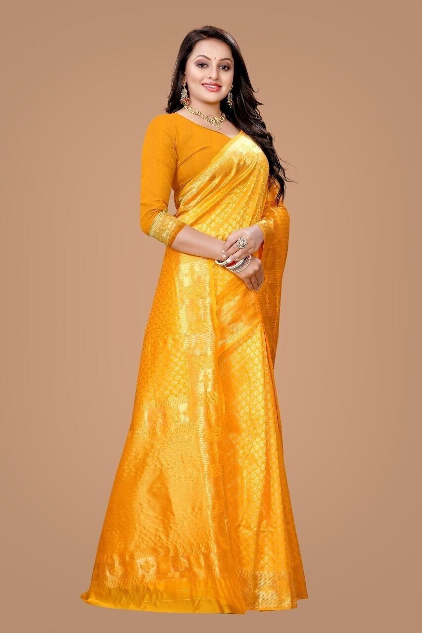 Yellow Color Soft Lichi Silk Sari image 3
