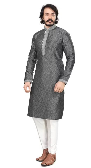 Grey Pure Silk Jequard Kurta For Men's image 3