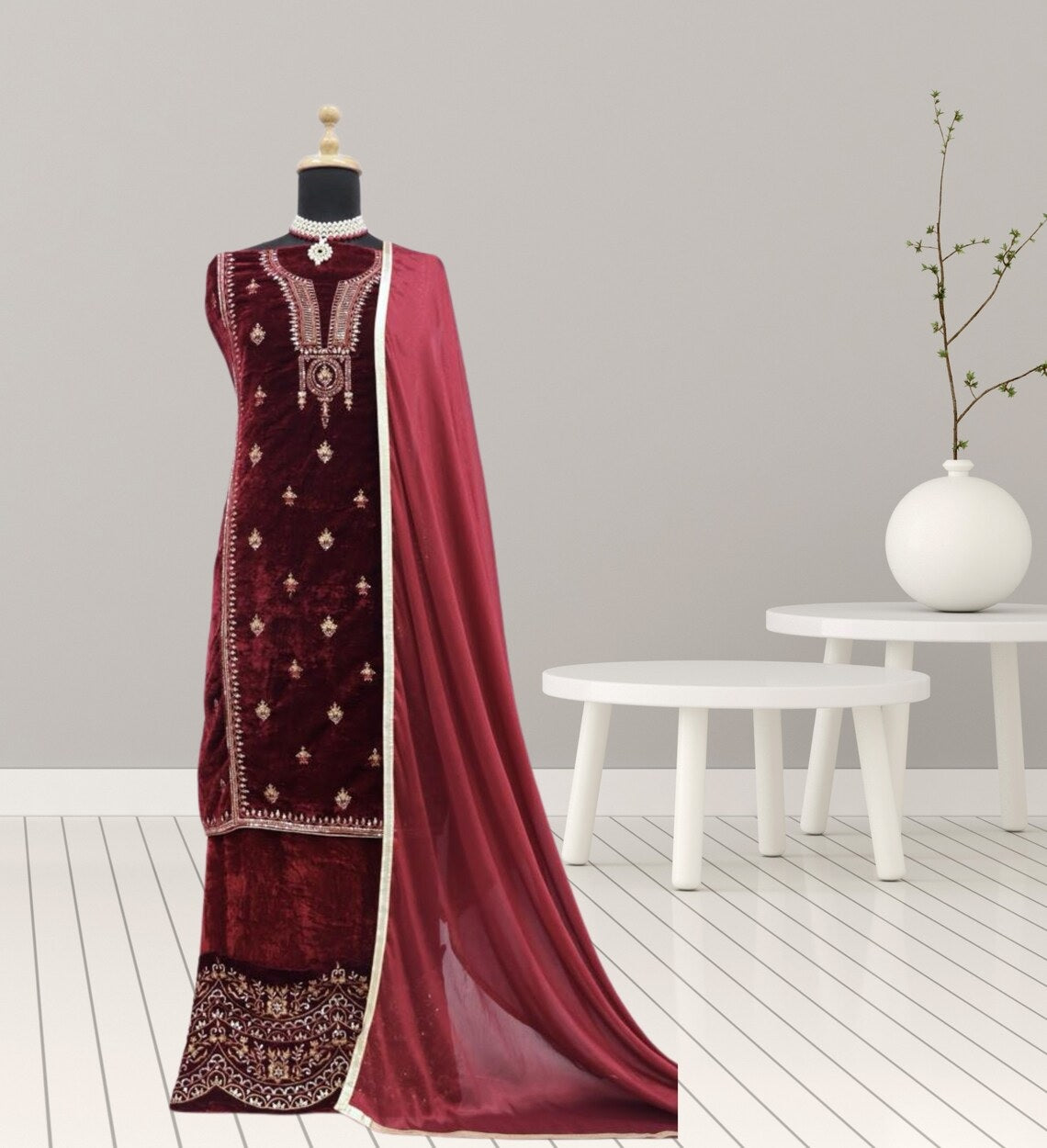 Pure Viscose Velvet Embroidery Sequence Work Top Bottom Dupatta image 3