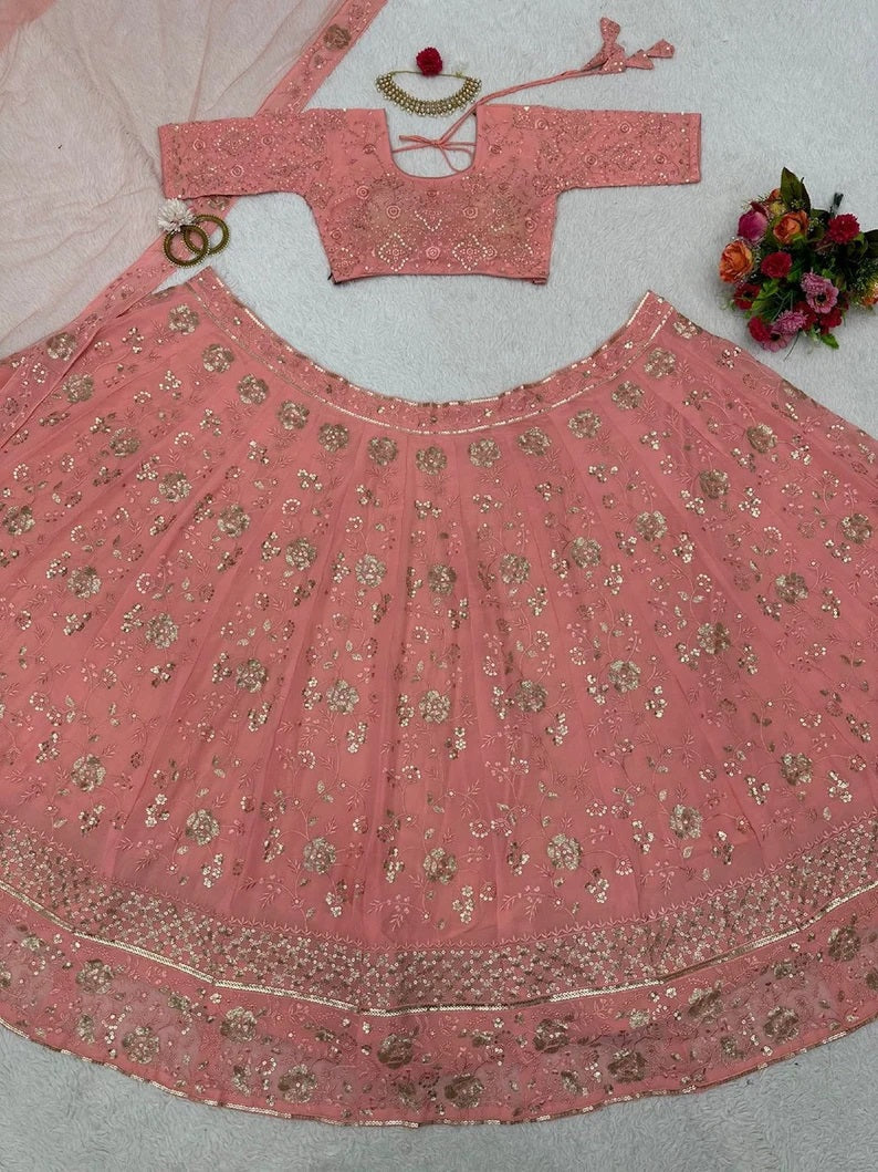 Faux Georgette Embroidery Sequence Work Lehenga Choli With Dupatta image 3