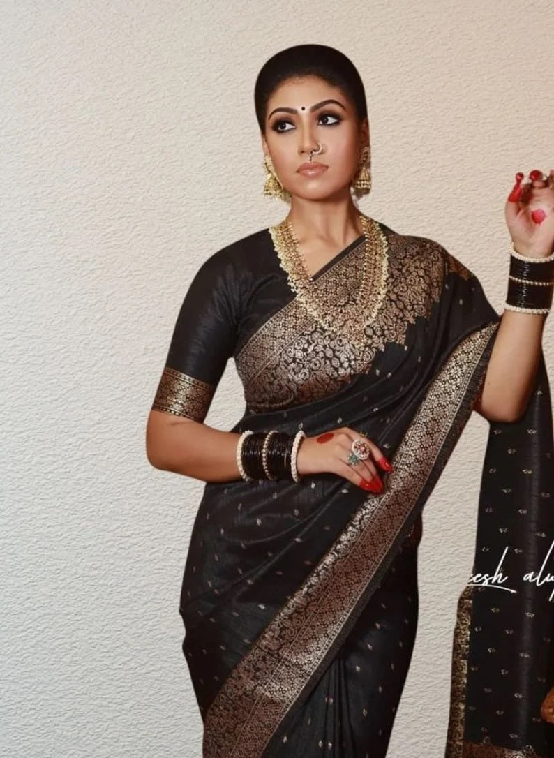 Black Soft Lichi Silk Saree image 3