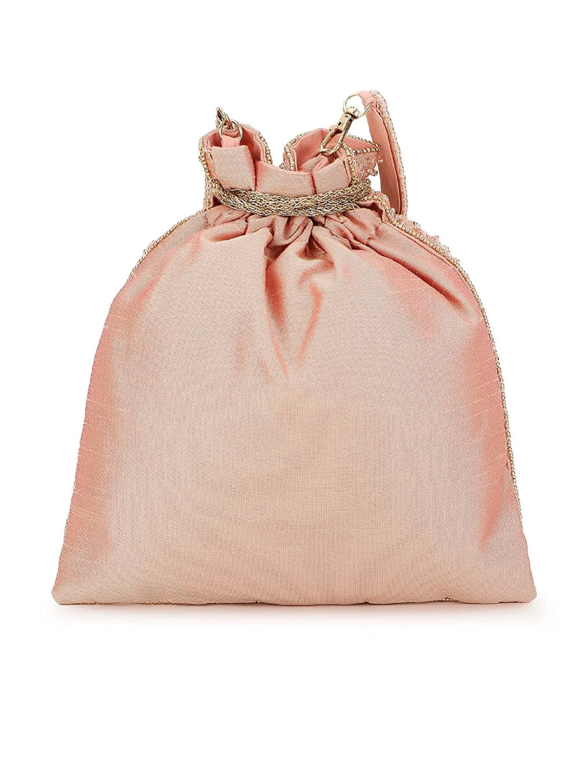 Dusky Pink & Gold Floral Embellished Faux Silk Potli Bag image 3