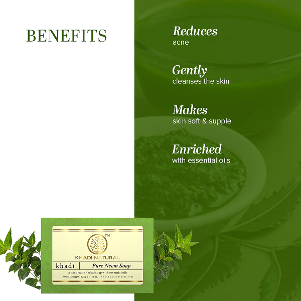Khadi Natural Pure Neem Soap, 125g Herbal Bathing Soap for Acne Natural Soap with Essential Oils Anti-Bacterial Soap Suitable for All Skin Types image 3