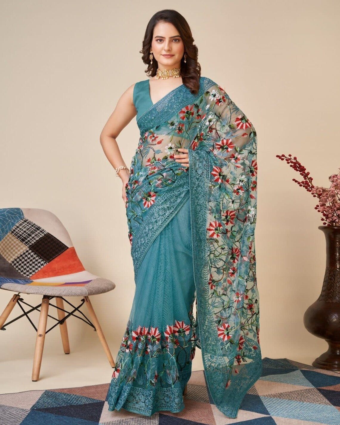 Soft Net With Embroidery Design Work Saree With Blouse image 3