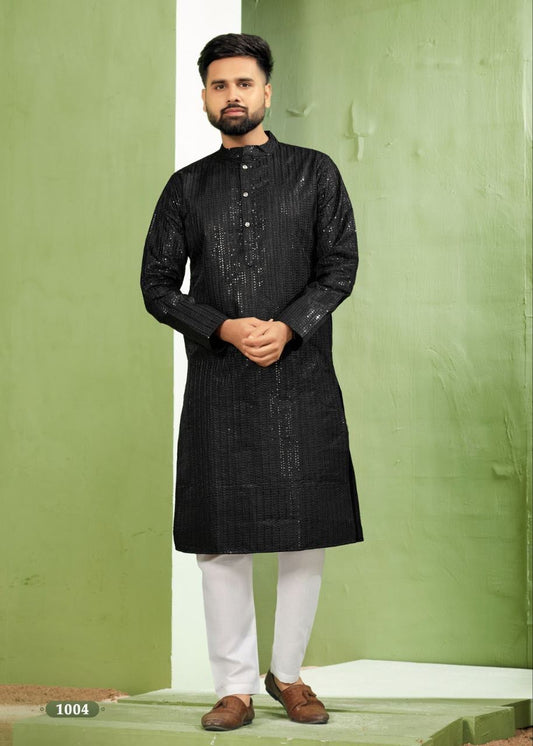 Black Banglori Silk Embroidery sequence work Men's Kurta Pajama image 1